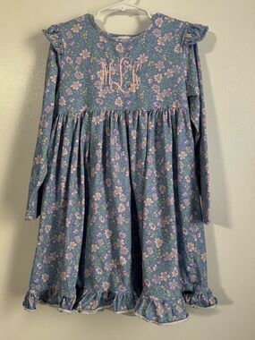 Girls' Lavender Floral Long-Sleeve Dress with Pink Monogram